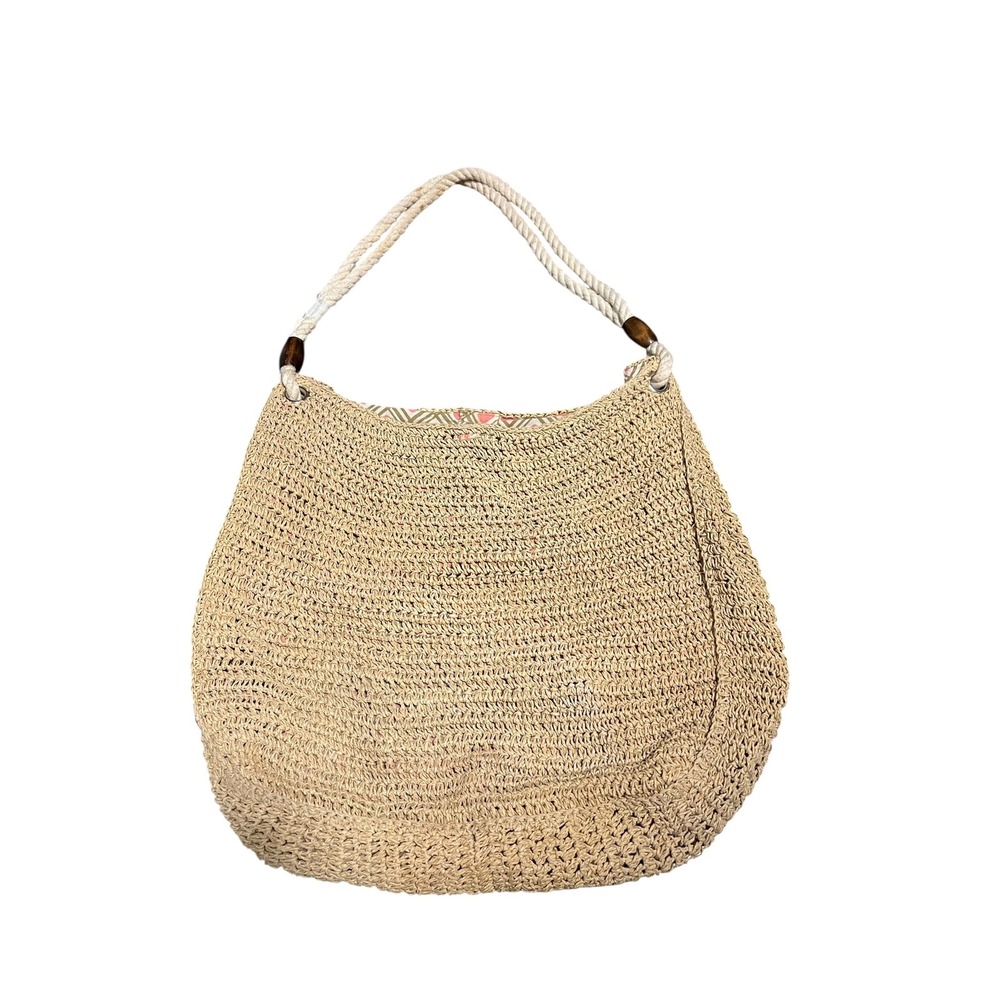 Aerie Tan Woven Straw Hobo Bag Rope Strap Wood Beads Beach Shoulder Bag Large